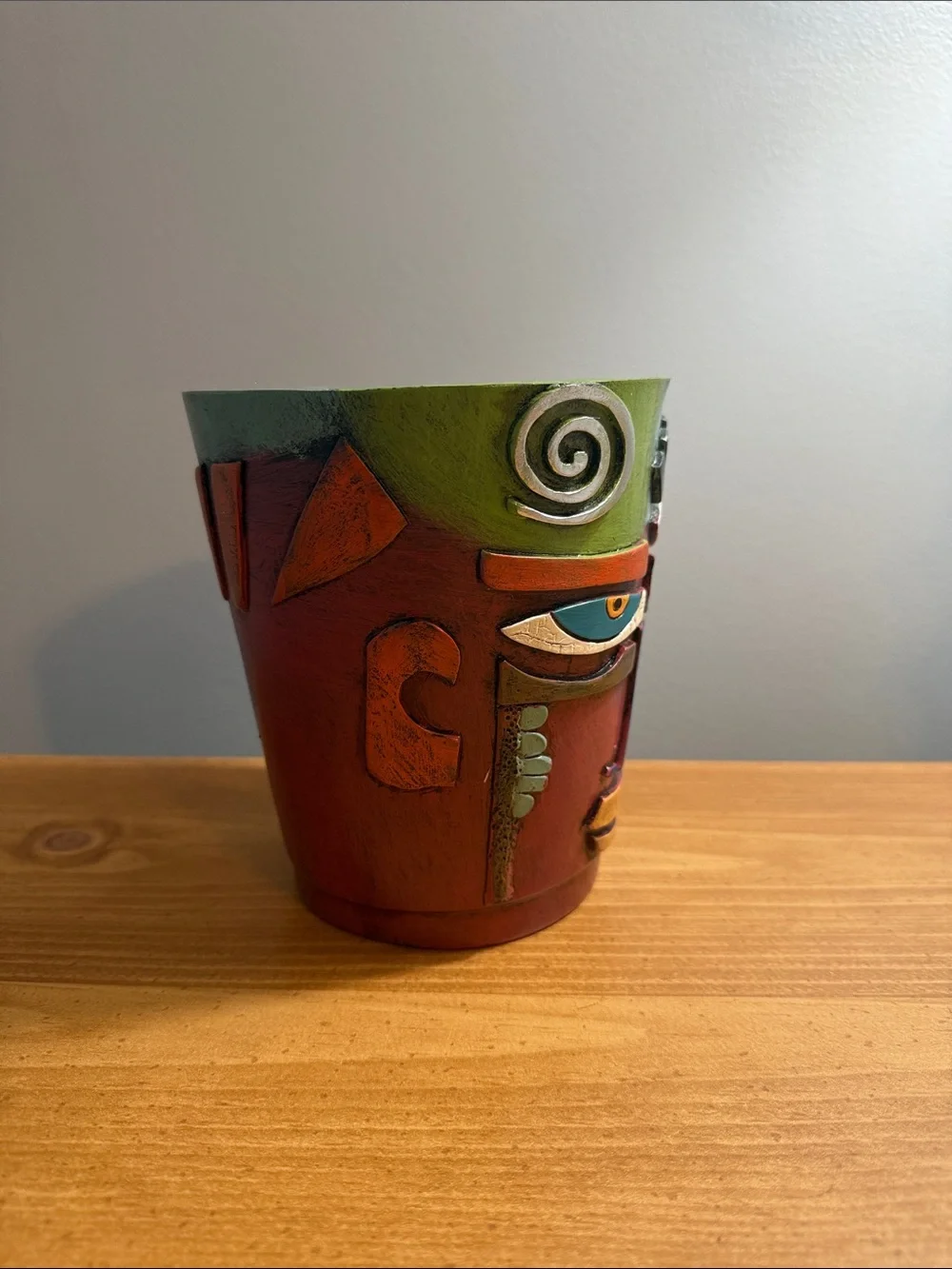 Hand-Painted Abstract Tribal Face Planter - Resin